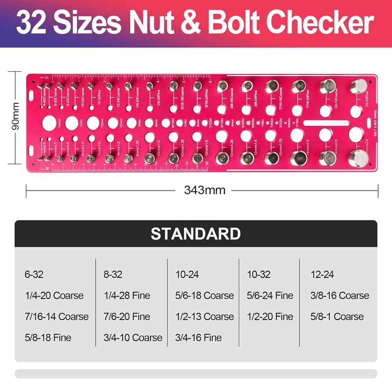 AQYY 51-in-1 Bolt Size Finder & Thread Checker, 32 Metric & 32 SAE Nut and Bolt Thread Gauge with 19 Drill Bit Checker, CNC-Machined Aluminum Screw Size Chart, Go/No-Go ANSI Standard, Non-Slip Base - Image 2